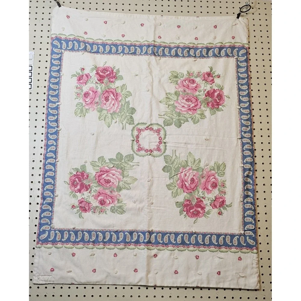 Vintage Handmade Wholecloth Crib Quilt Blanket Pink Roses Paisley Tied